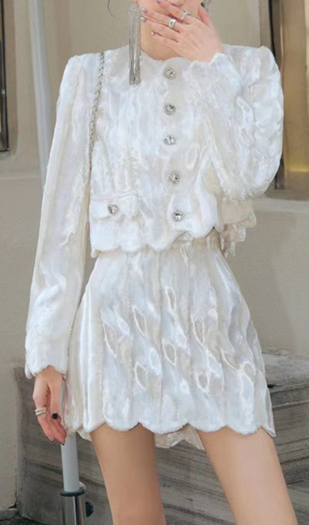 Velvet Rhinestone Buckle White Suits Diamond Mini Two-Piece