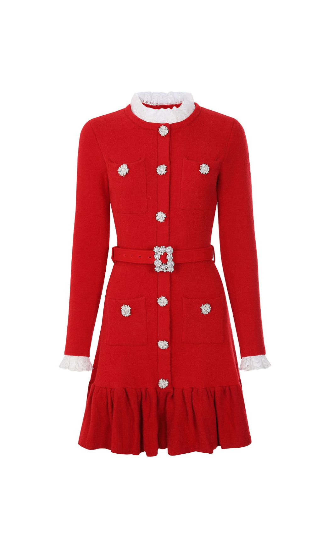 Vibrant Red Knit Mini Dress | Ruffle Lace, Sparkle Buttons & Belted Chic