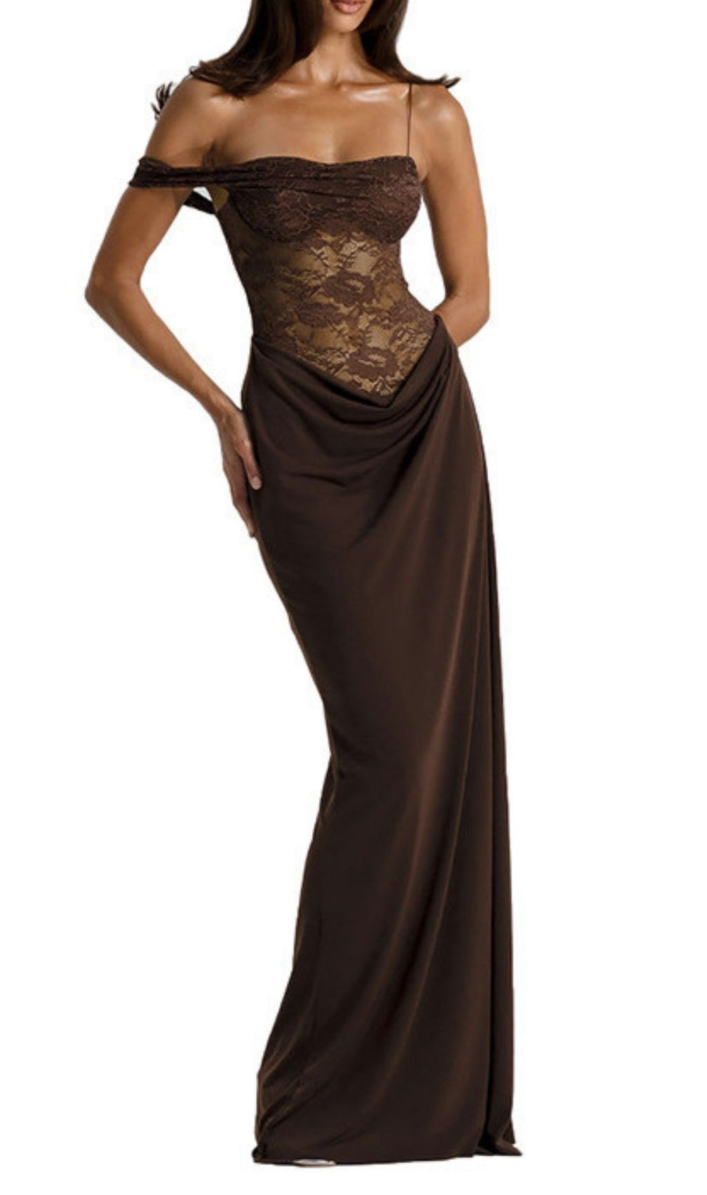 Kayleen Romantic Coffee Lace Maxi Gown - Elegant Off-Shoulder Formal Dress