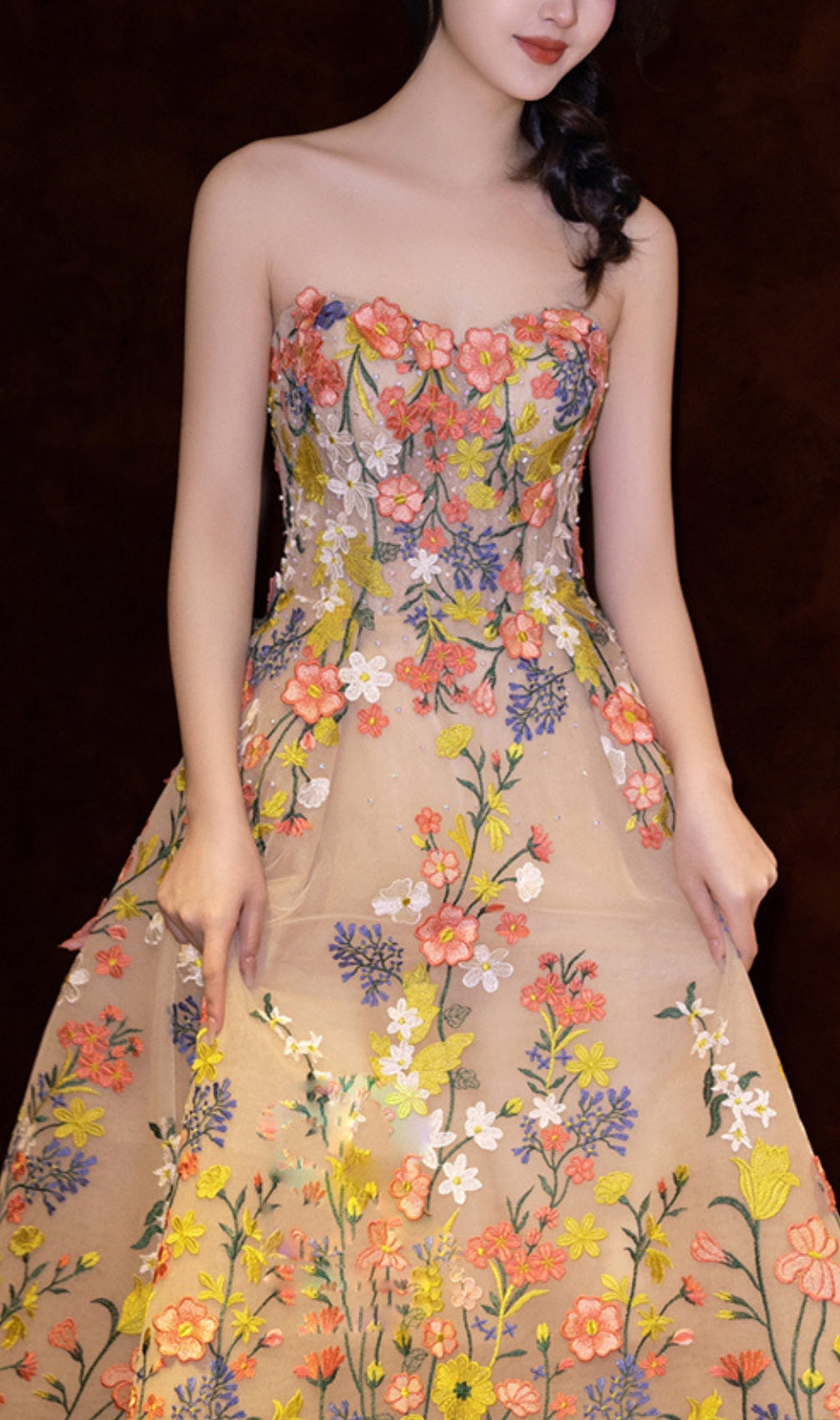 Strapless Tea Length Floral Midi Dress