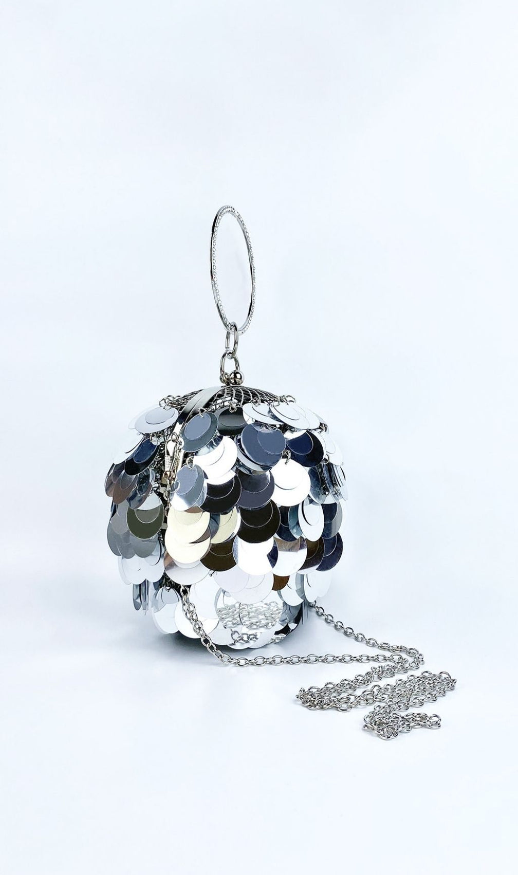 Adaiba Dazzling Silver Sequin Ball Clutch Bag with Ring Handle