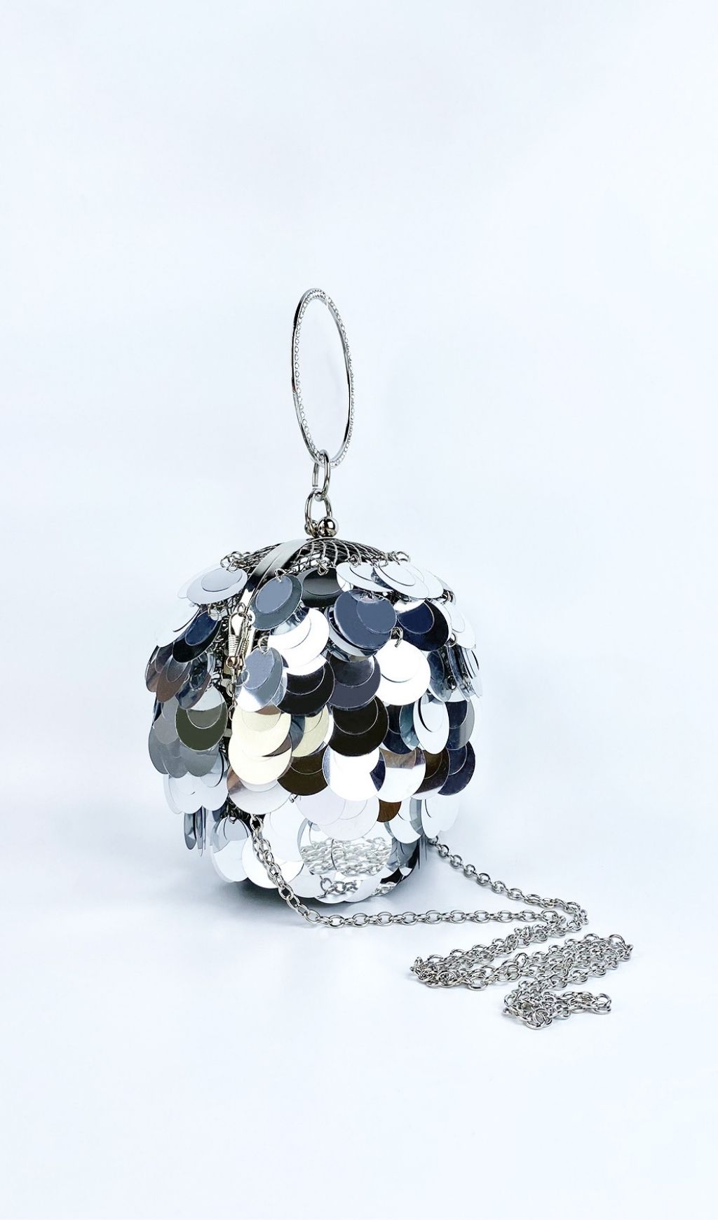 Adaiba Dazzling Silver Sequin Ball Clutch Bag with Ring Handle