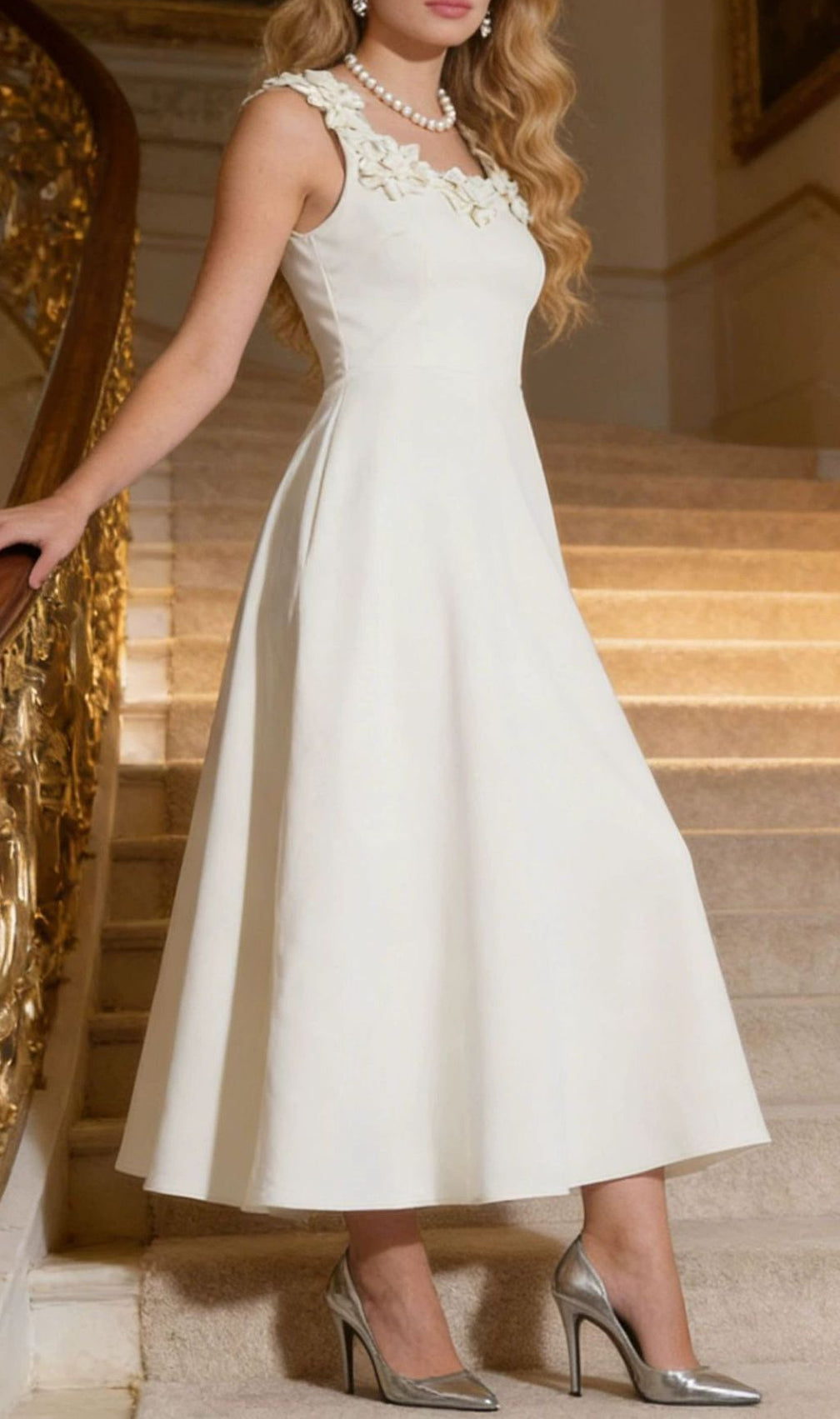 Janan White Floral Midi Dress - Elegant, Romantic & Perfect for Special Occasions