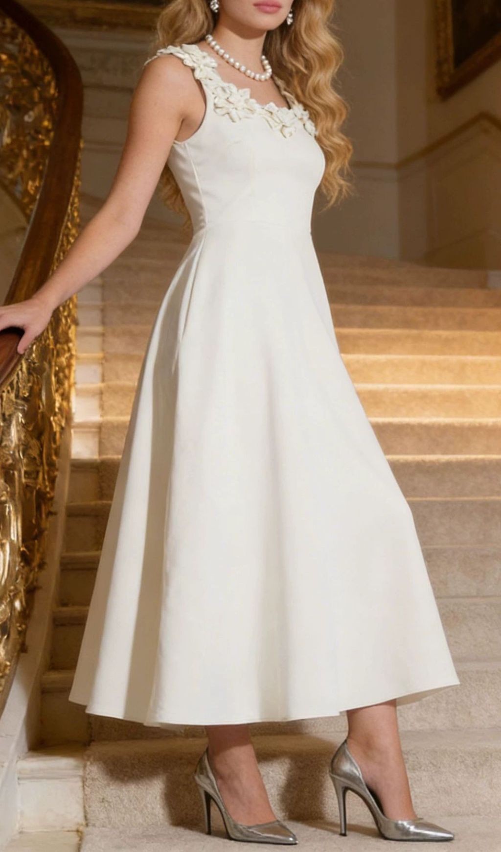 Janan White Floral Midi Dress - Elegant, Romantic & Perfect for Special Occasions