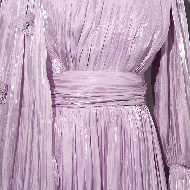 Irfan Opulent Bloom Pleated Satin Midi Dress with 3D Floral Cape