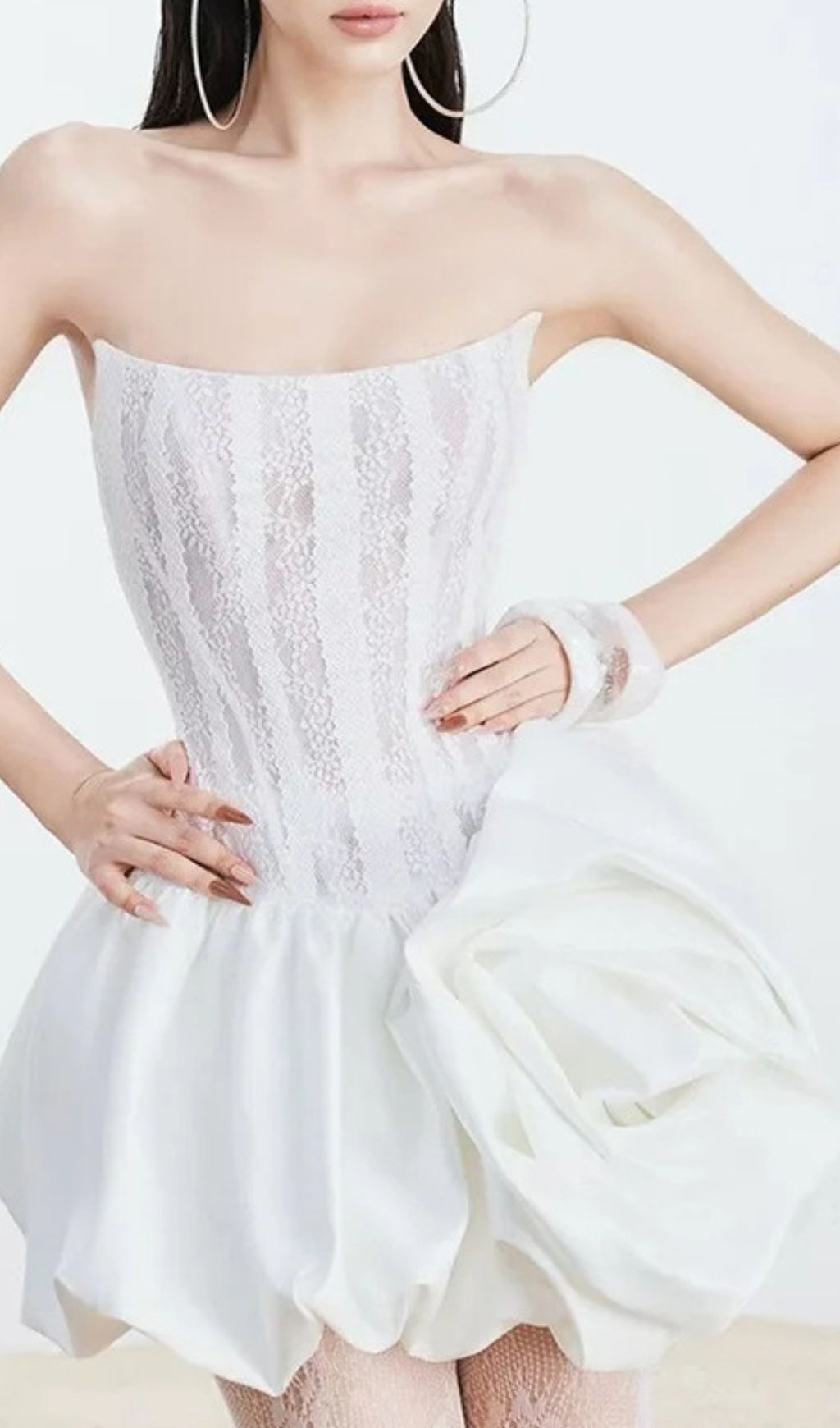 Irene White Strapless Corset Mini Dress with Floral Bubble Skirt | Bridal & Party Perfect
