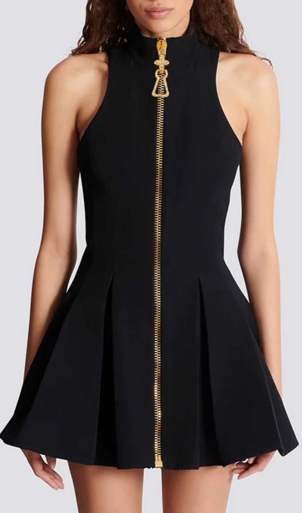Idola Black High-Neck Mini Dress | Statement Gold Zipper Sleeveless LBD