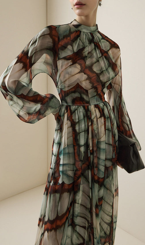 Ethereal Butterfly Print Chiffon Maxi Dress - High Neck & Flowy Sleeves