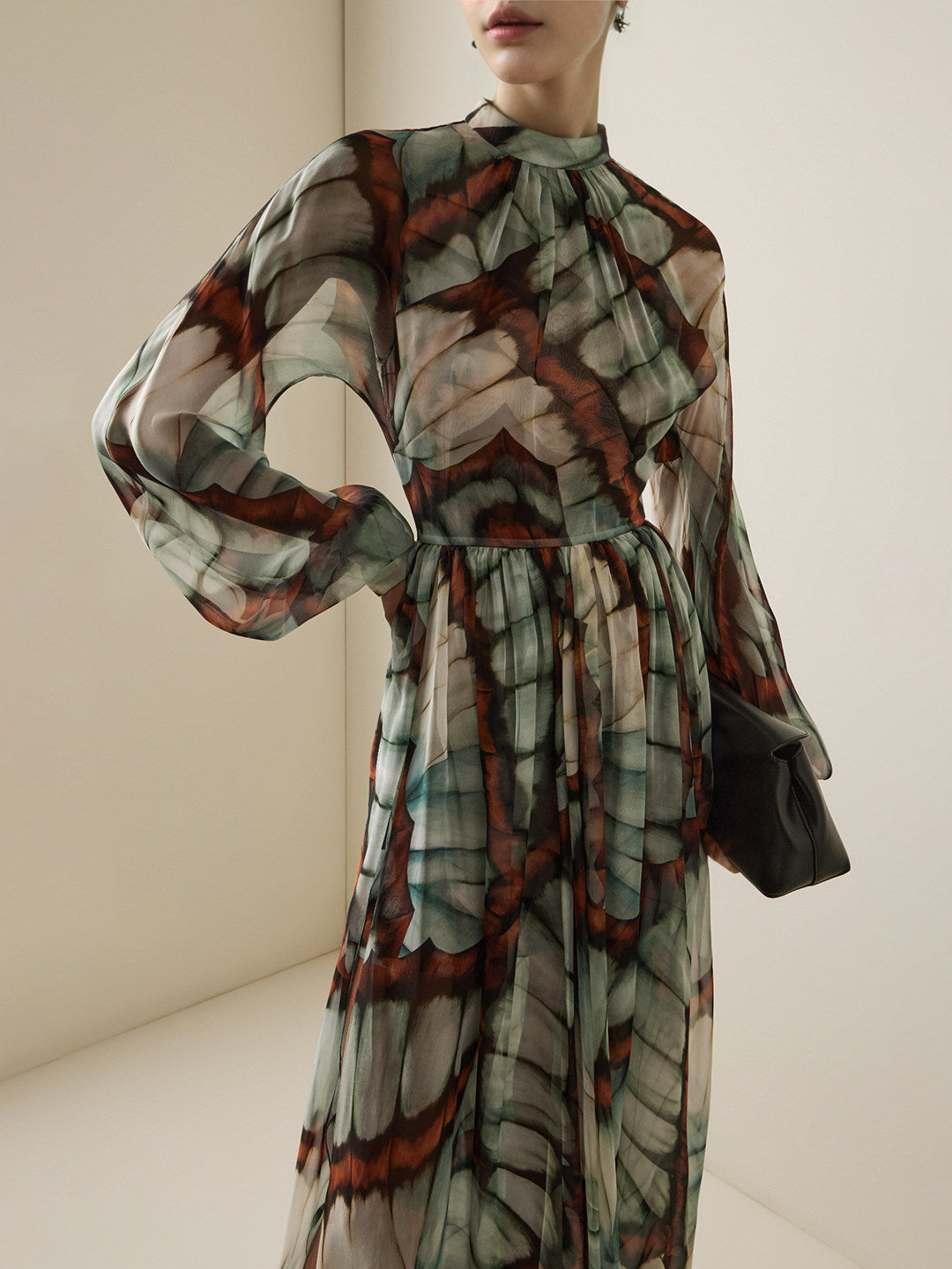Ethereal Butterfly Print Chiffon Maxi Dress - High Neck & Flowy Sleeves