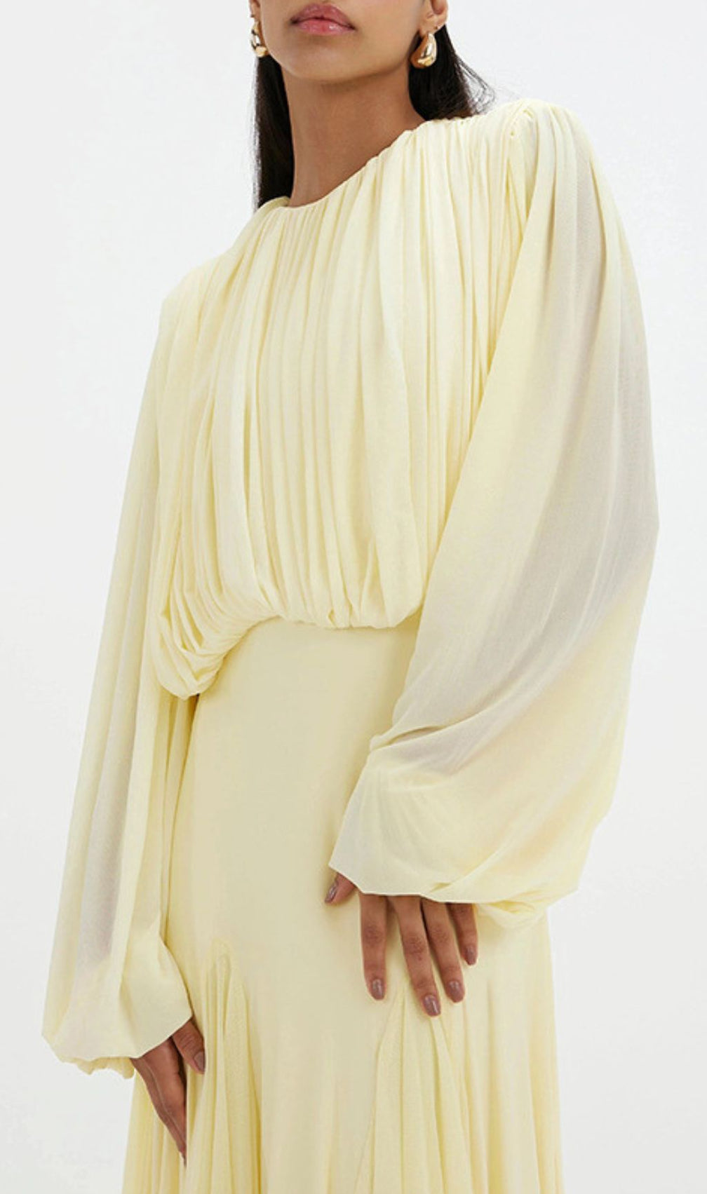 Jimena Yellow Pleated Maxi Dress | Elegant Long Sleeve Gown