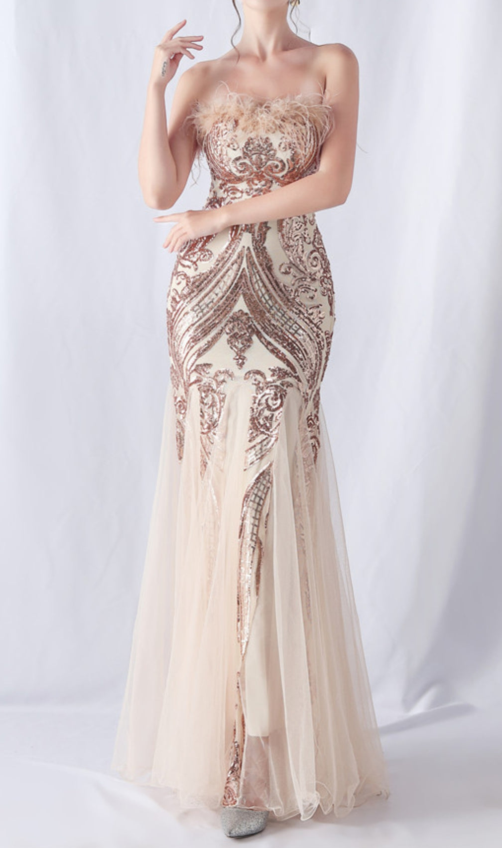 Choire Champagne Sequin Feather Maxi Dress