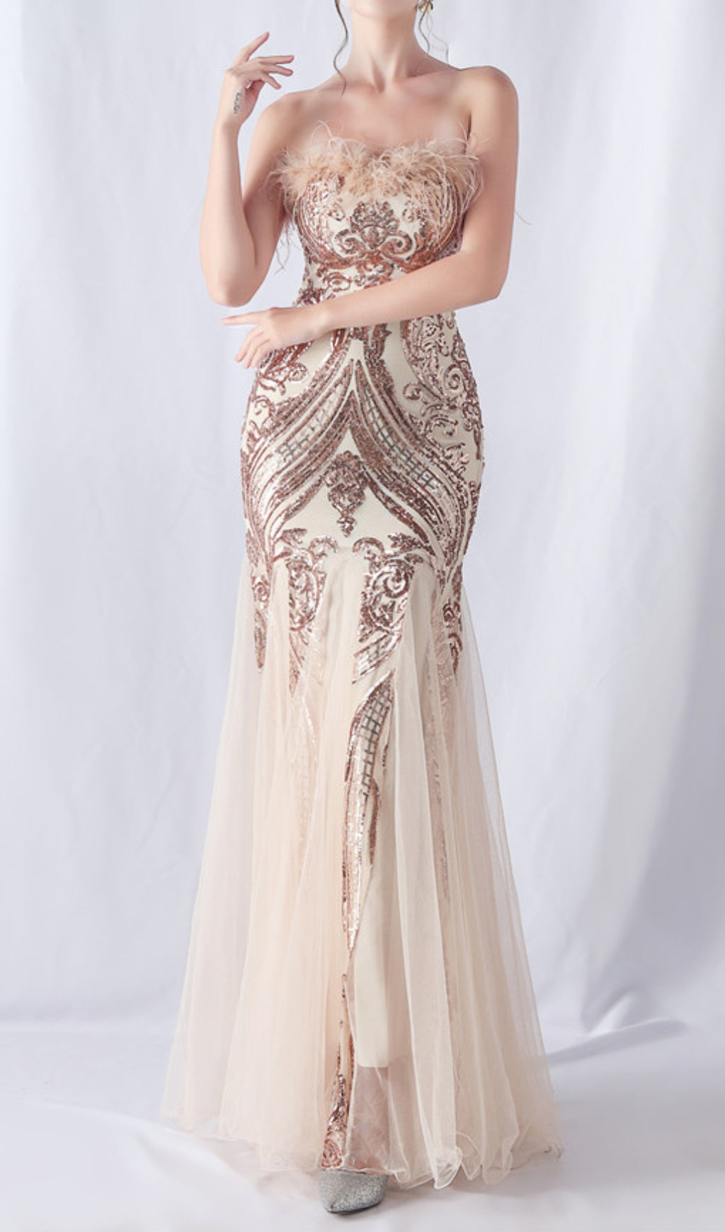 Choire Champagne Sequin Feather Maxi Dress