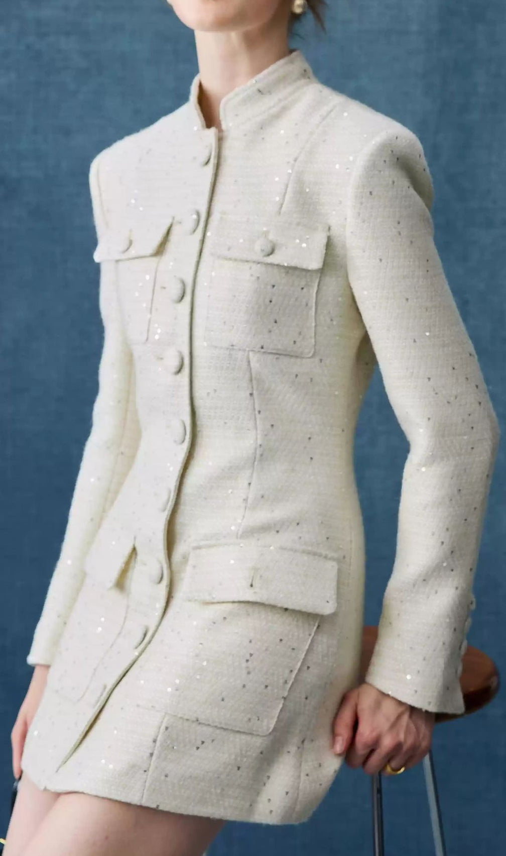 Elegant White Tweed Mini Dress | Long Sleeve Button-Front Style