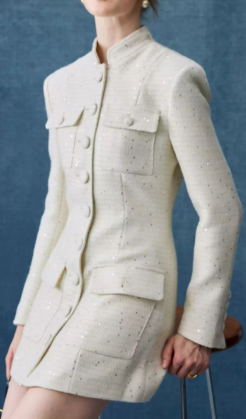 Elegant White Tweed Mini Dress | Long Sleeve Button-Front Style