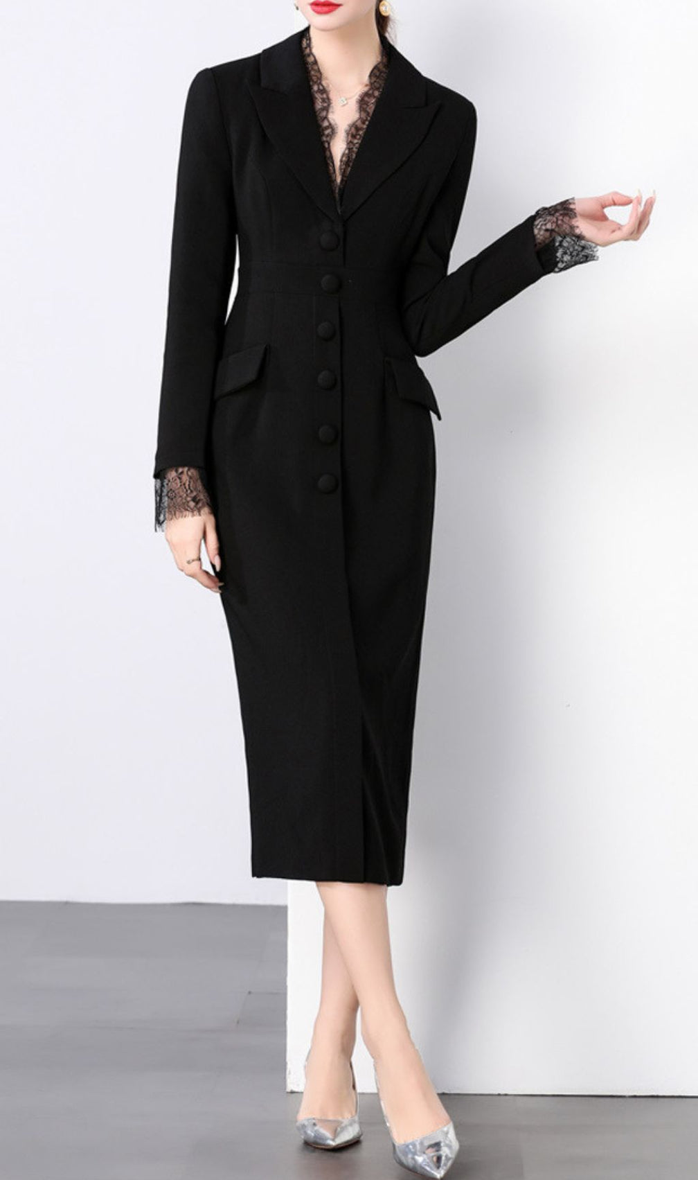 Chic Long Sleeve Blazer Midi Dress with Delicate Lace Trim