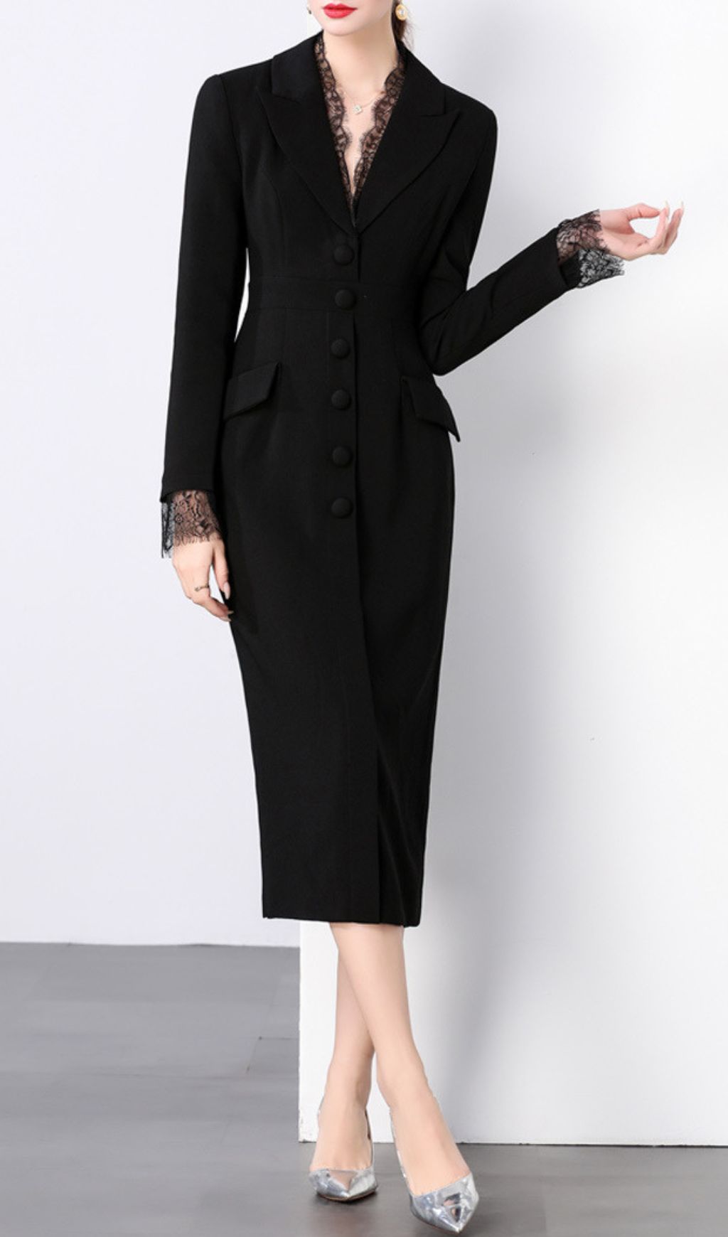 Chic Long Sleeve Blazer Midi Dress with Delicate Lace Trim