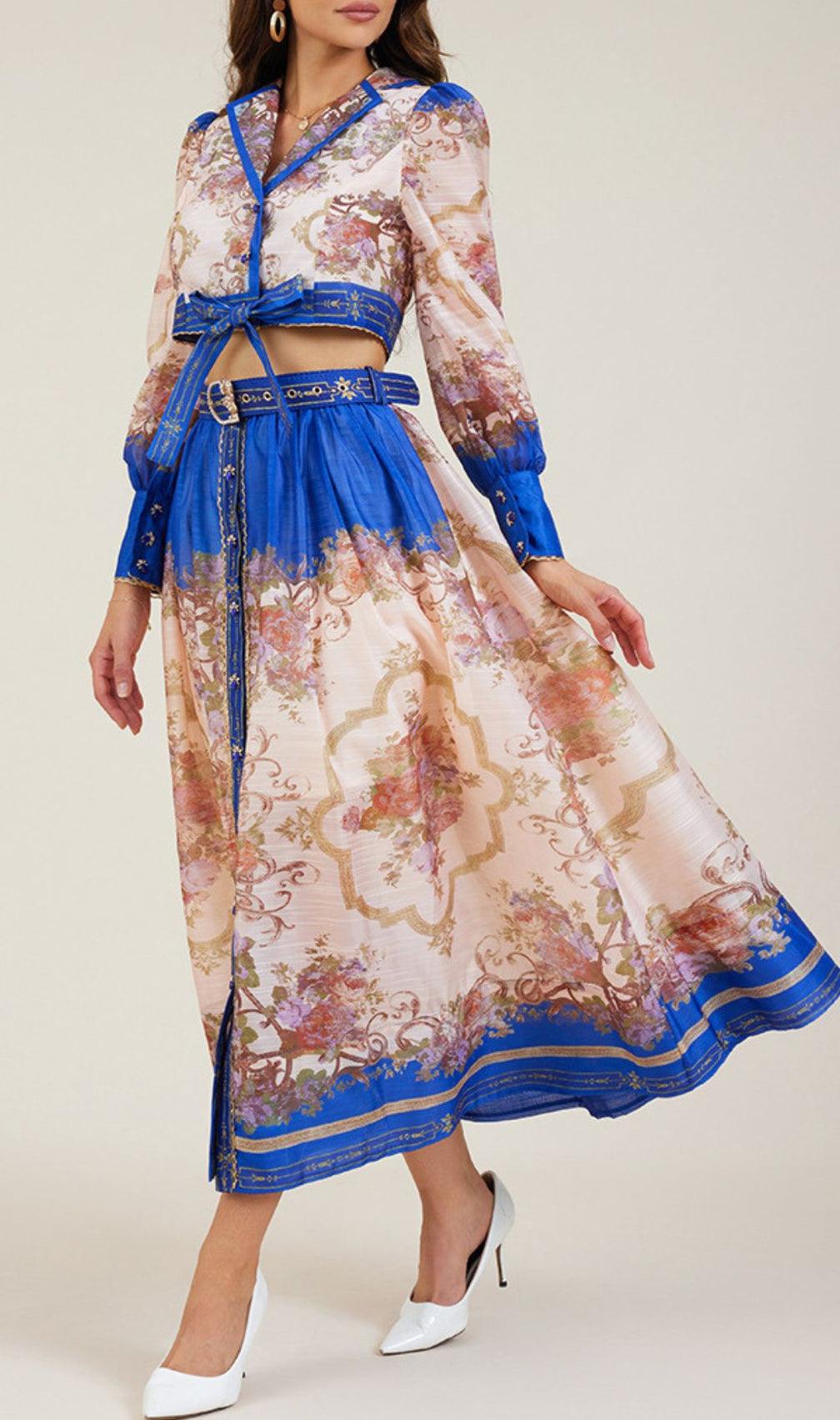 Gretchen Blue Flower Printed Long Sleeve Blouse & Skirt Set