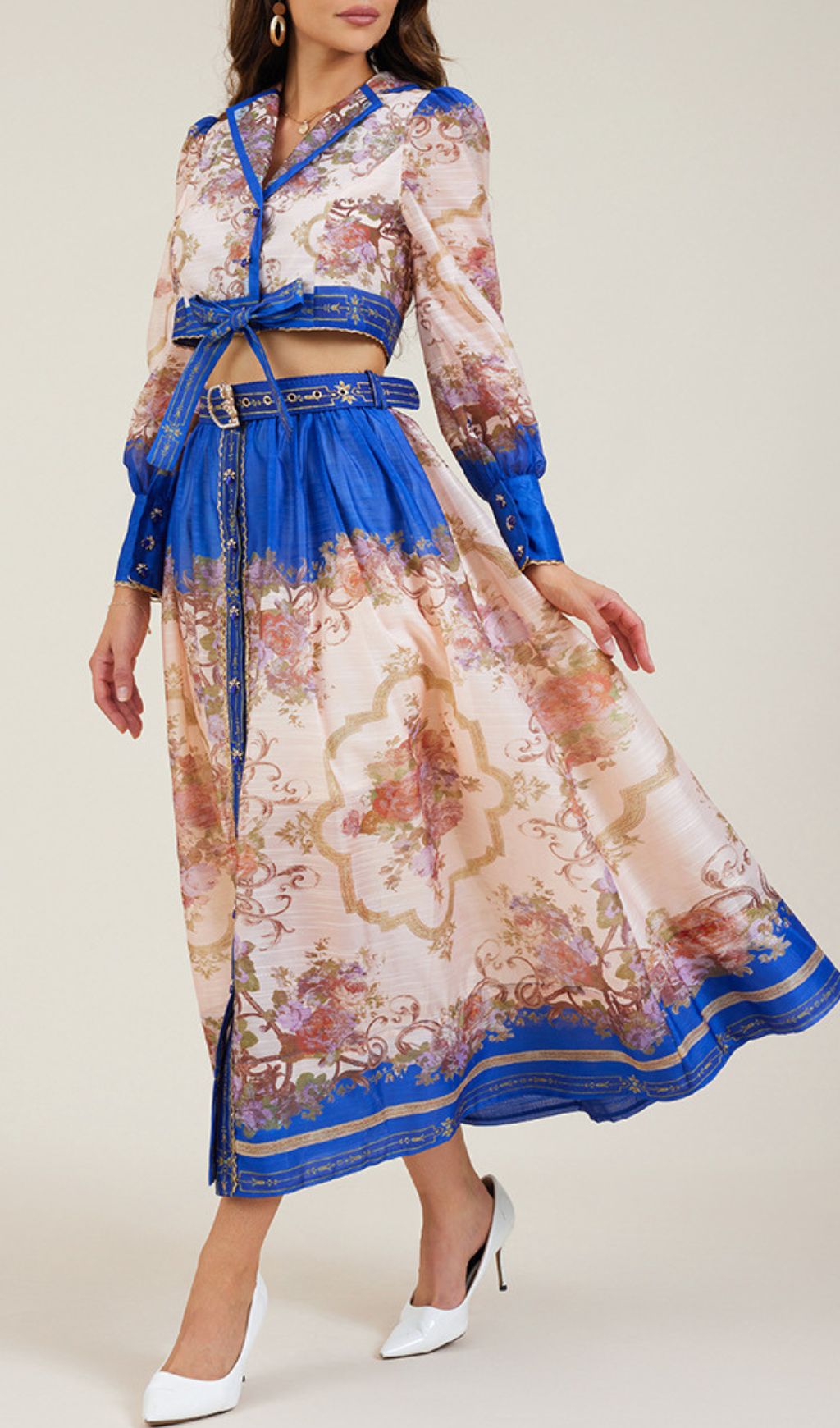 Gretchen Blue Flower Printed Long Sleeve Blouse & Skirt Set