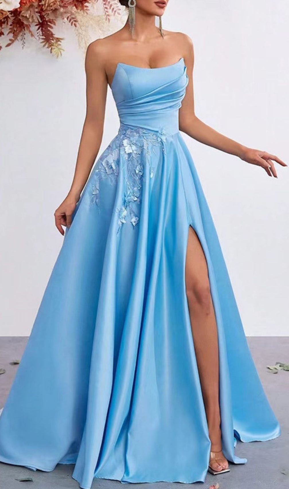 Kaiyo Azure Blue Strapless Sweetheart Maxi Gown with 3D Floral Appliqués & Thigh Slit