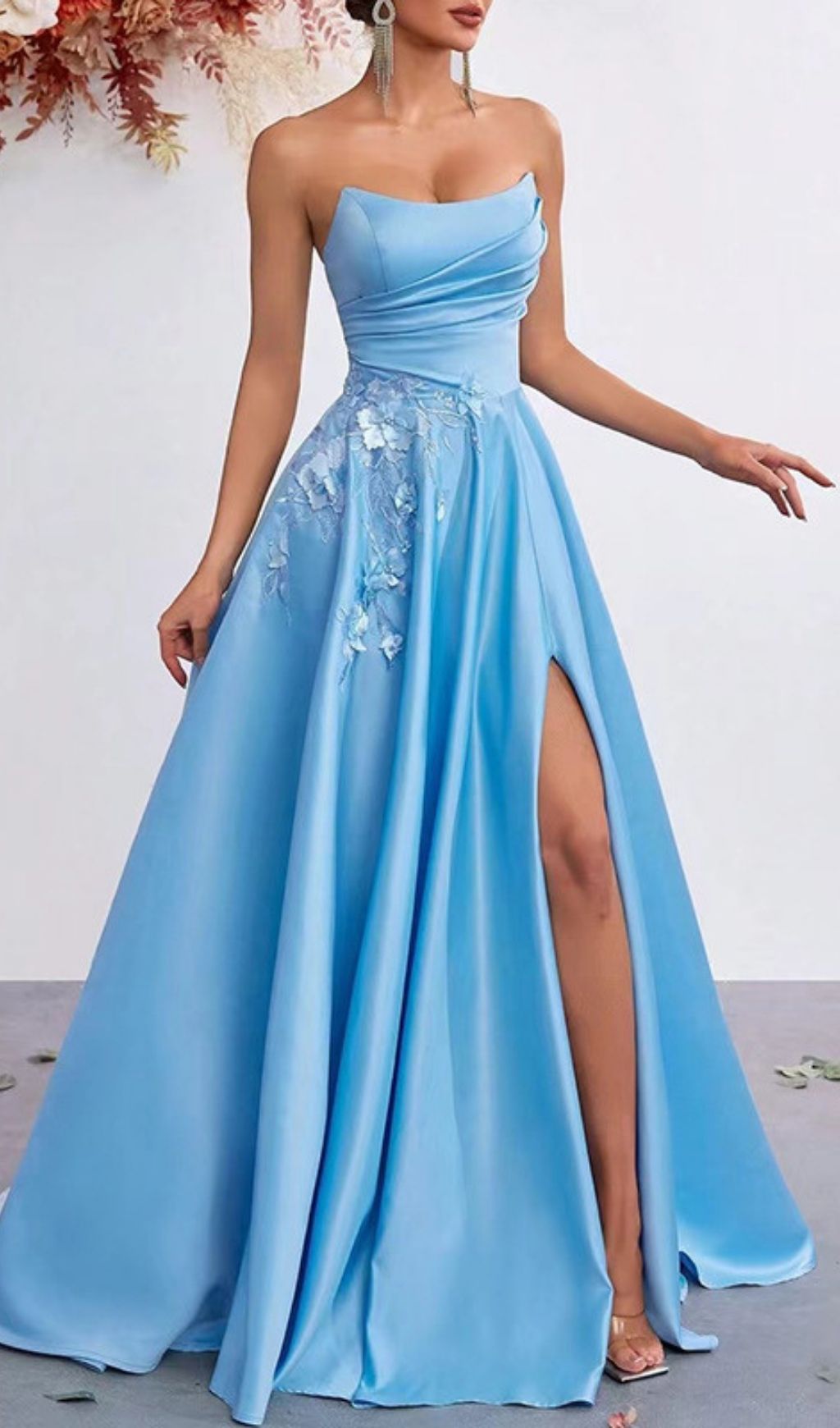 Kaiyo Azure Blue Strapless Sweetheart Maxi Gown with 3D Floral Appliqués & Thigh Slit