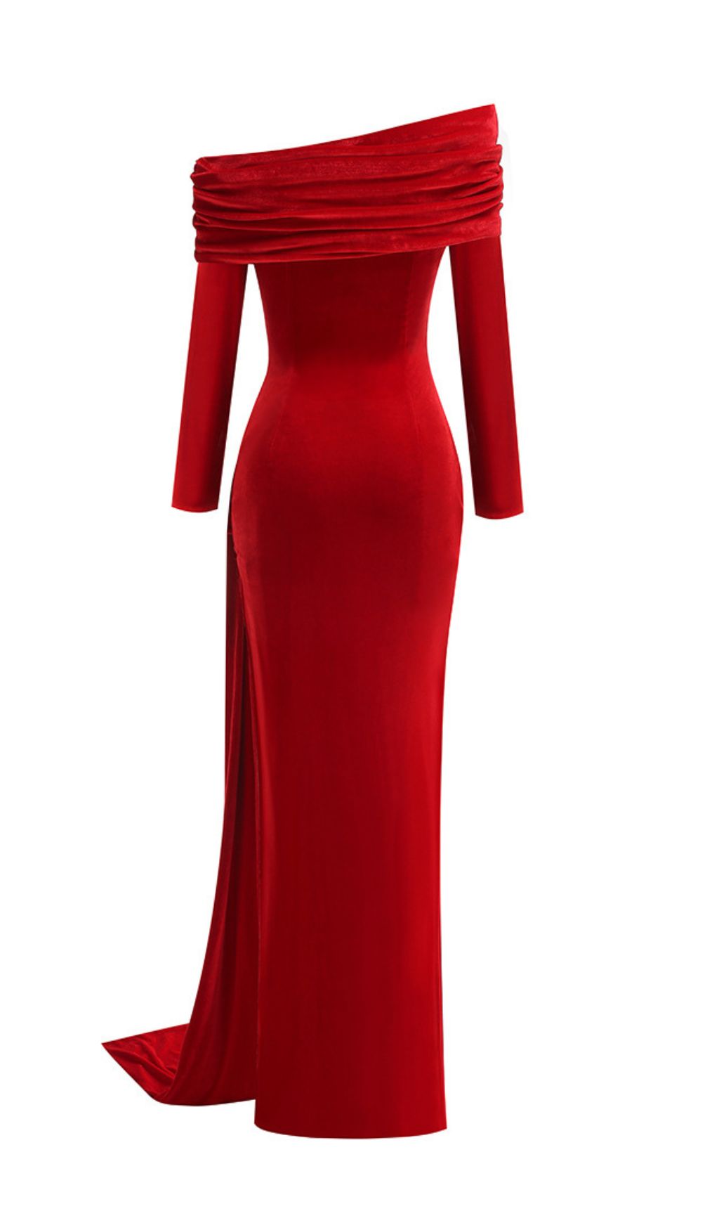 Jahanna Regal Red Velvet Off-Shoulder Maxi Dress with High Slit & Ruched Detail