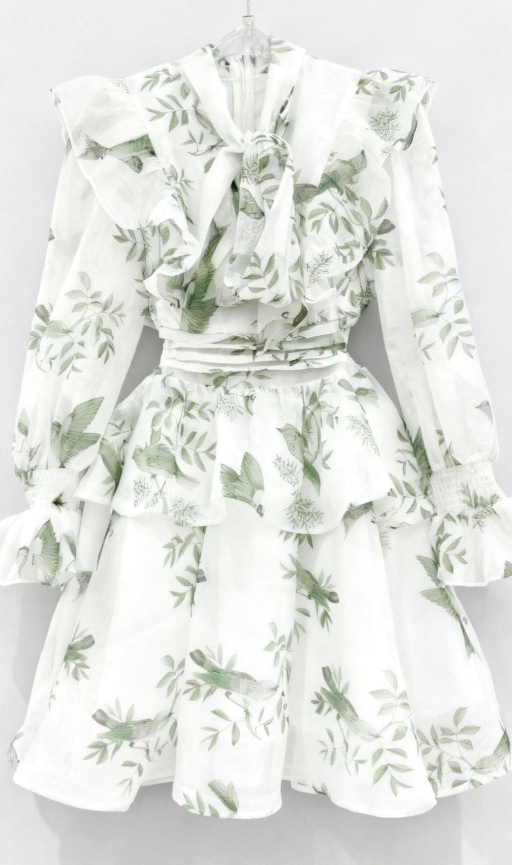 Jorgie Whimsical Bird Print Tiered Long Sleeve Mini Dress