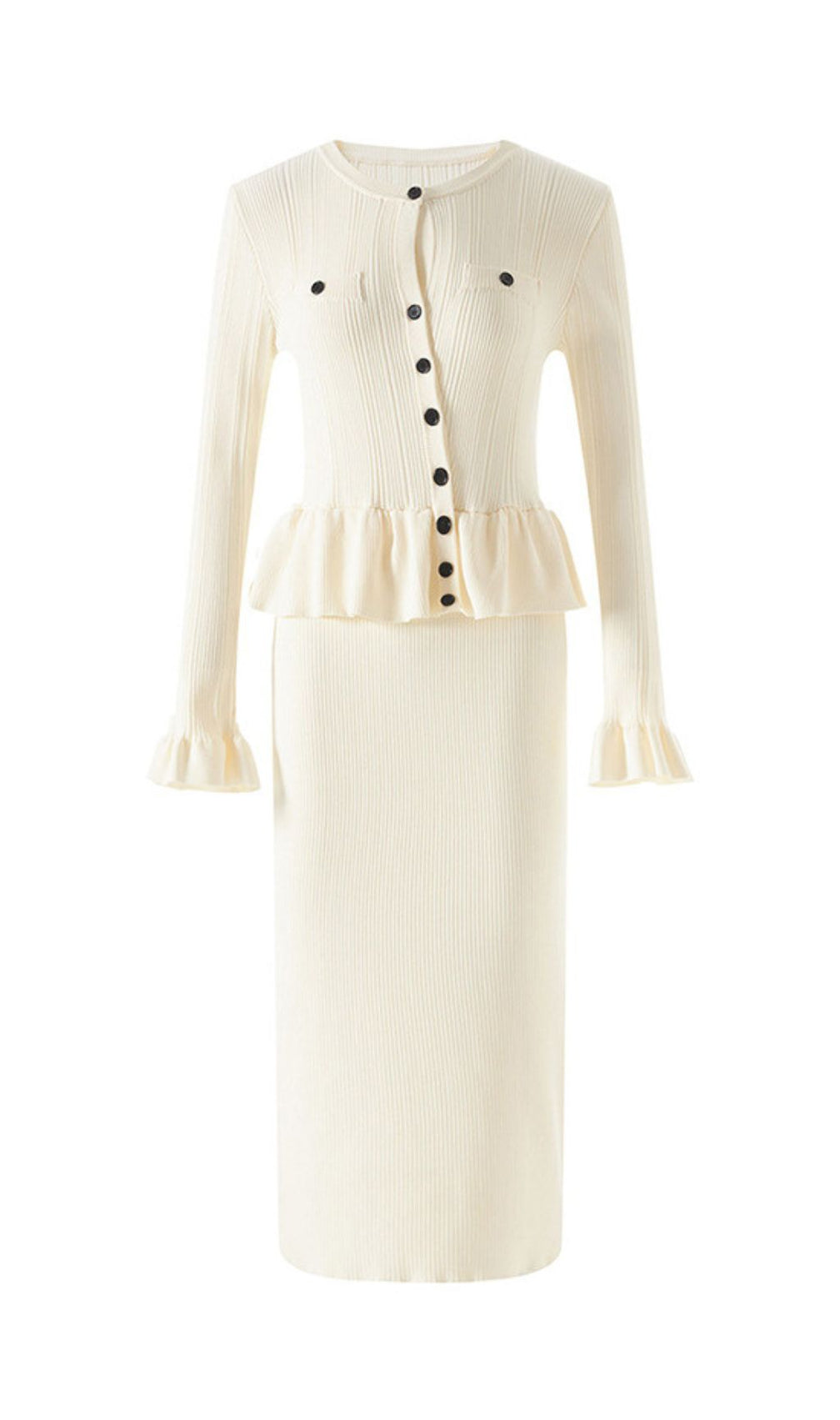 Effortless Elegance: Henson Ribbed Knit Peplum Midi Dress - Long Sleeve Women's