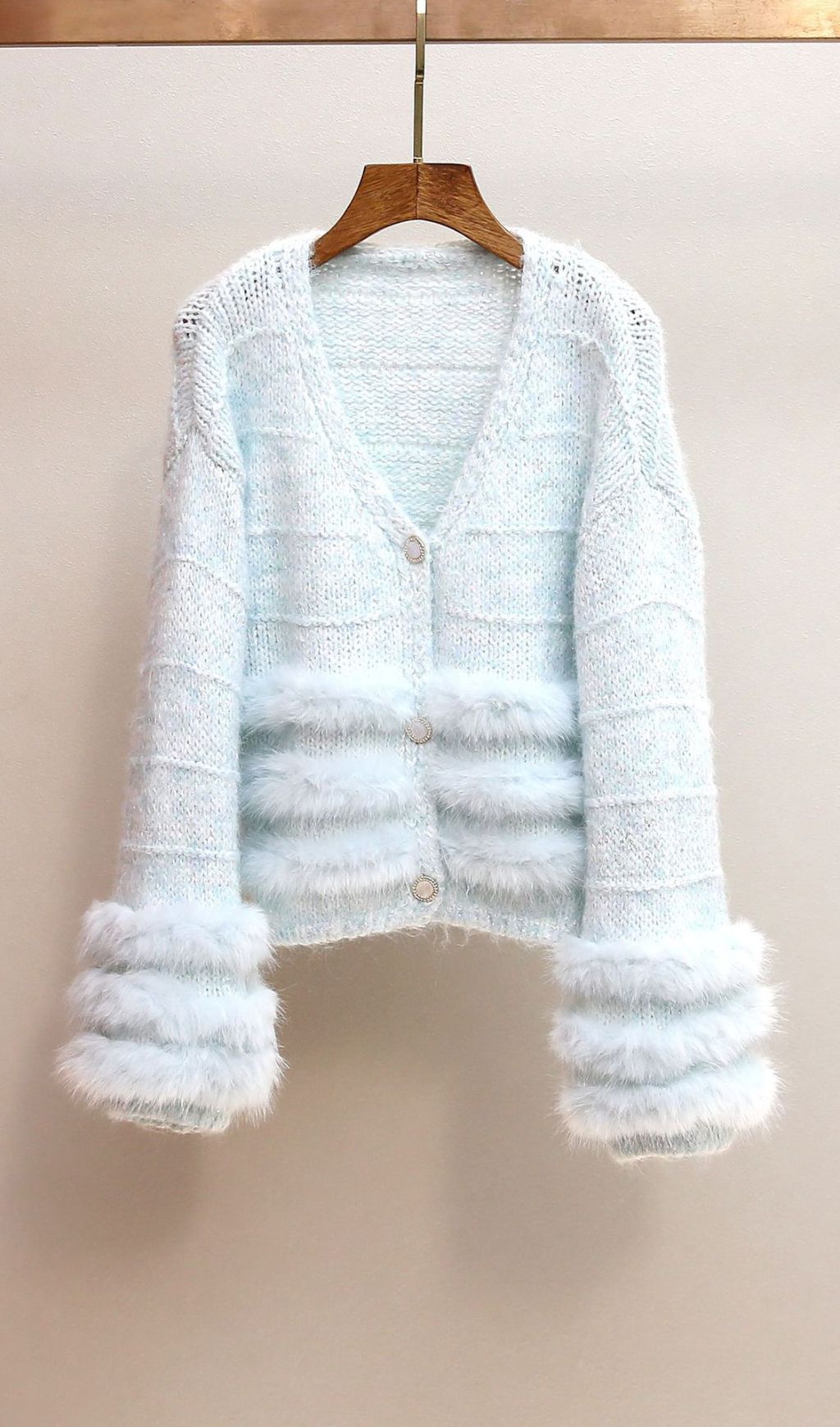 Joanie Luxe Blue Plush Knit Cardigan with Faux Fur Trim for Women