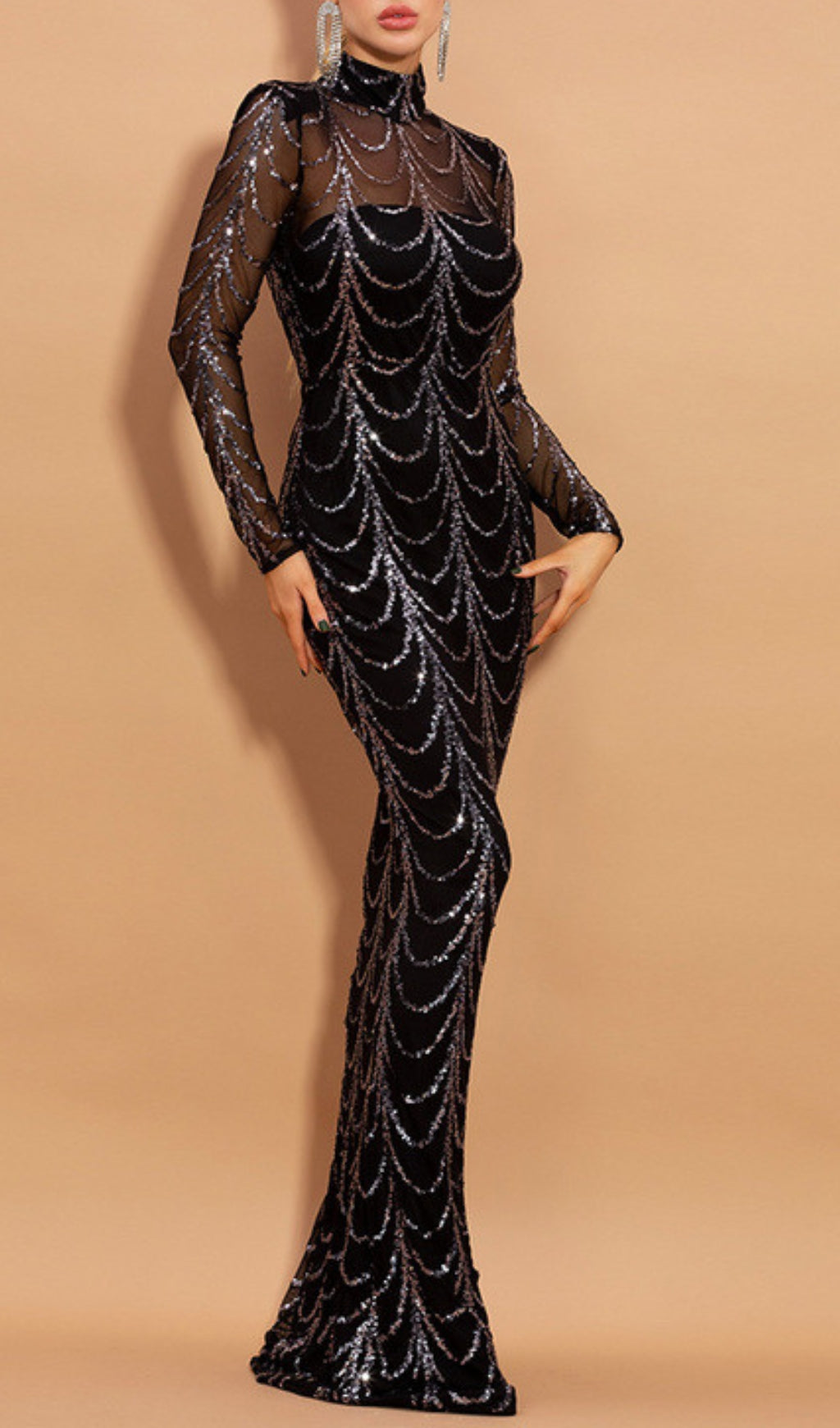 Bethia Black Sequin Mesh Sleeve Maxi Dress