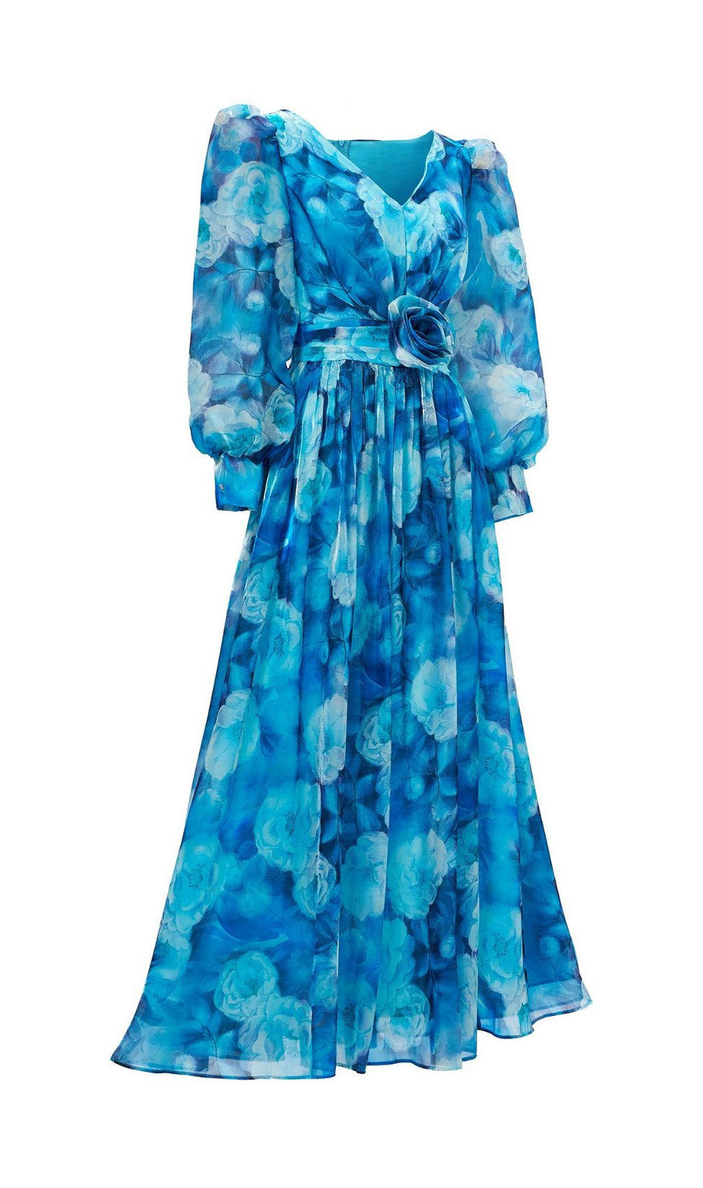 Feray Blue Floral Printed Long Sleeve Maxi Dress