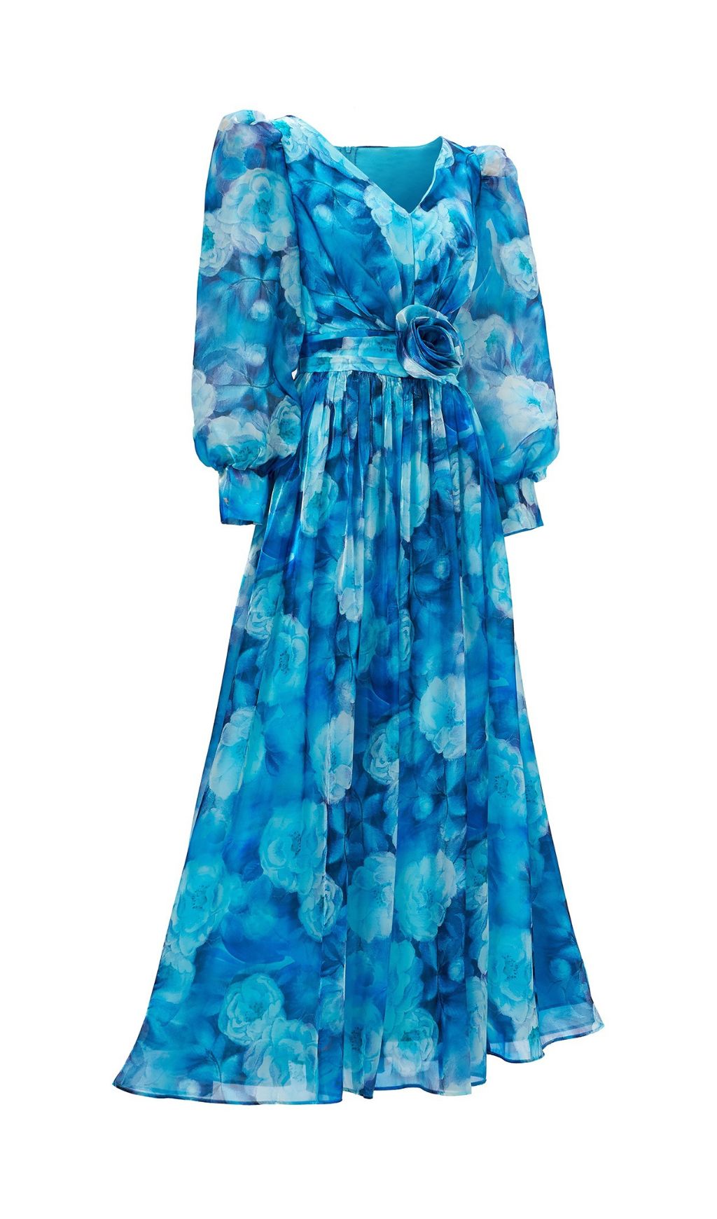 Feray Blue Floral Printed Long Sleeve Maxi Dress