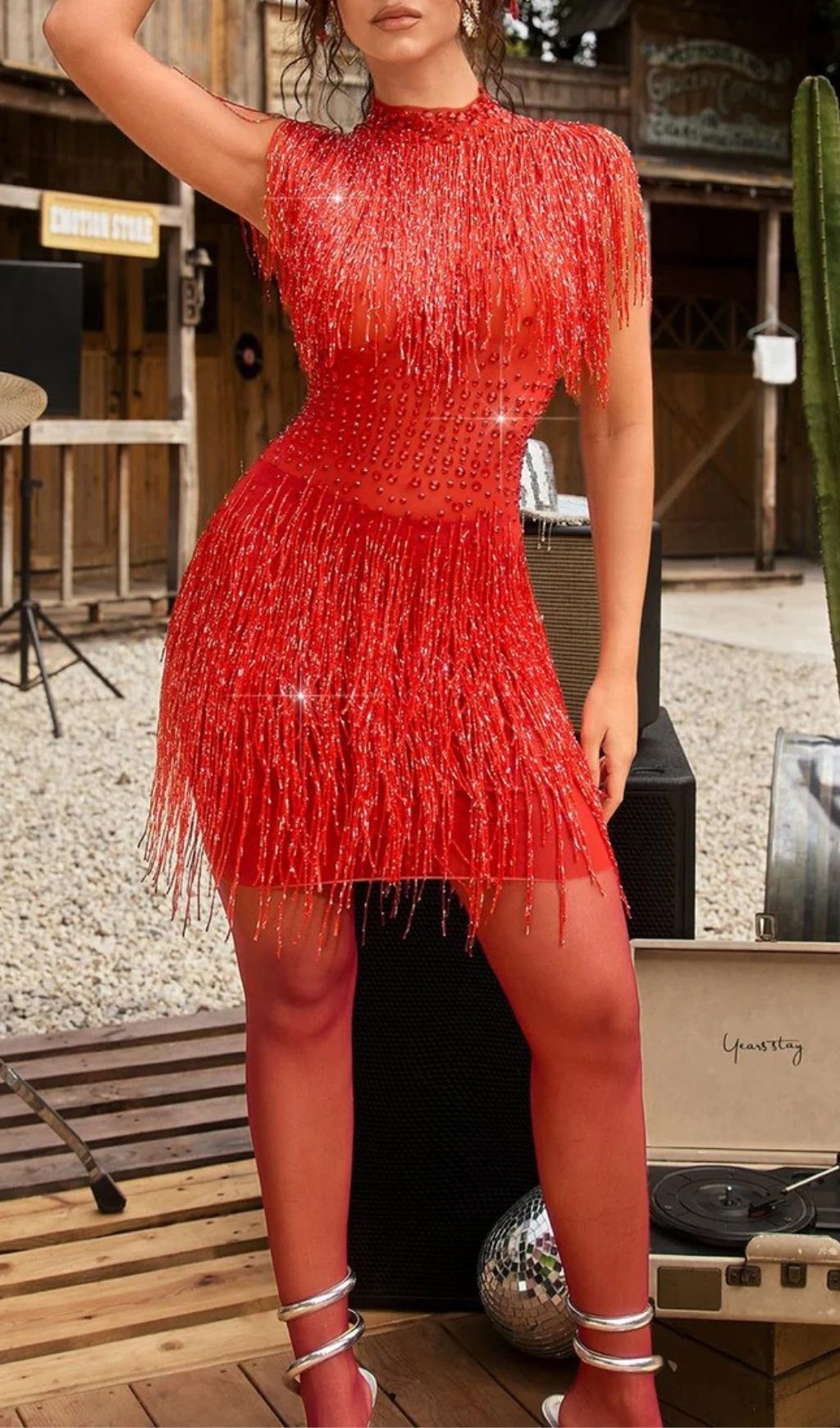 Acrune Dazzling Red Fringe Rhinestone Mini Dress - Glitter Party & Clubwear
