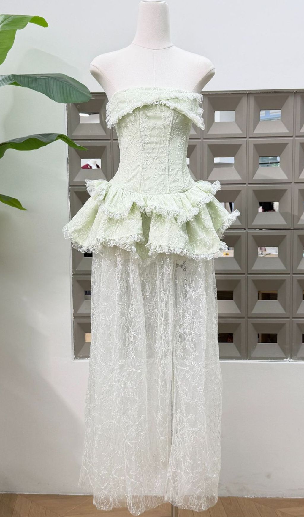 Jenis Sage Green Strapless Corset Peplum Lace Maxi Dress