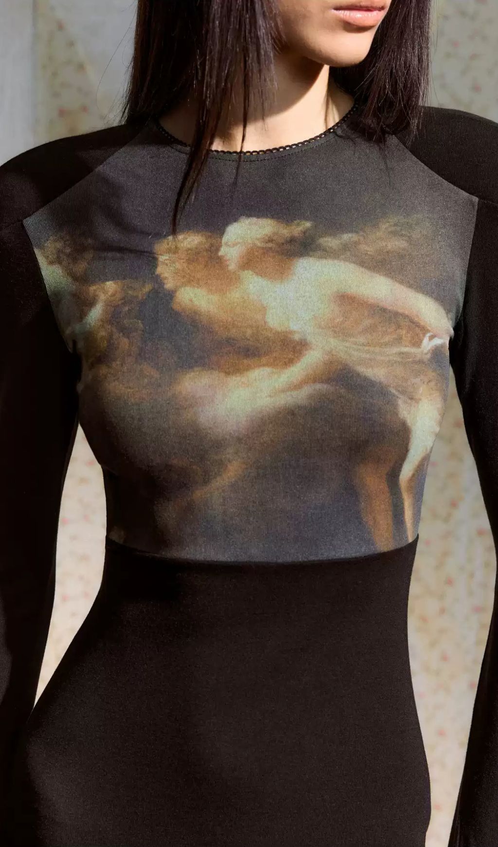 Juanita Ethereal Black Long Sleeve Maxi Dress - Art Print Bodice