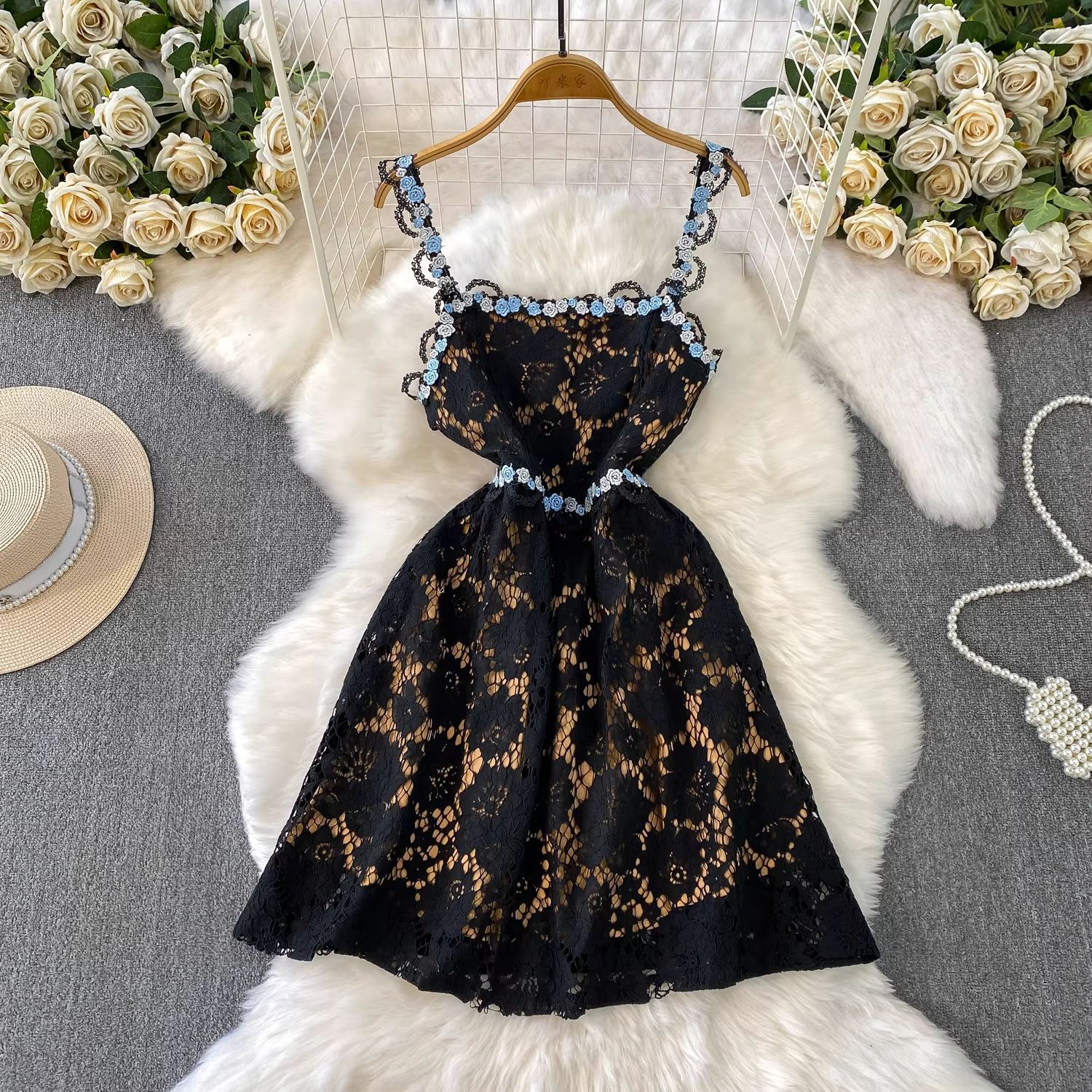 Tavon Flower Embroidered Mini Dress In Black