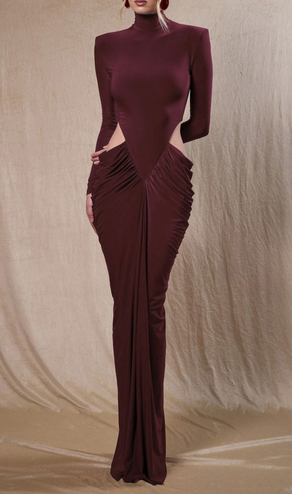 Jera Wine Elegant Cutout Ruched Maxi Dress - Long Sleeve Evening Gown