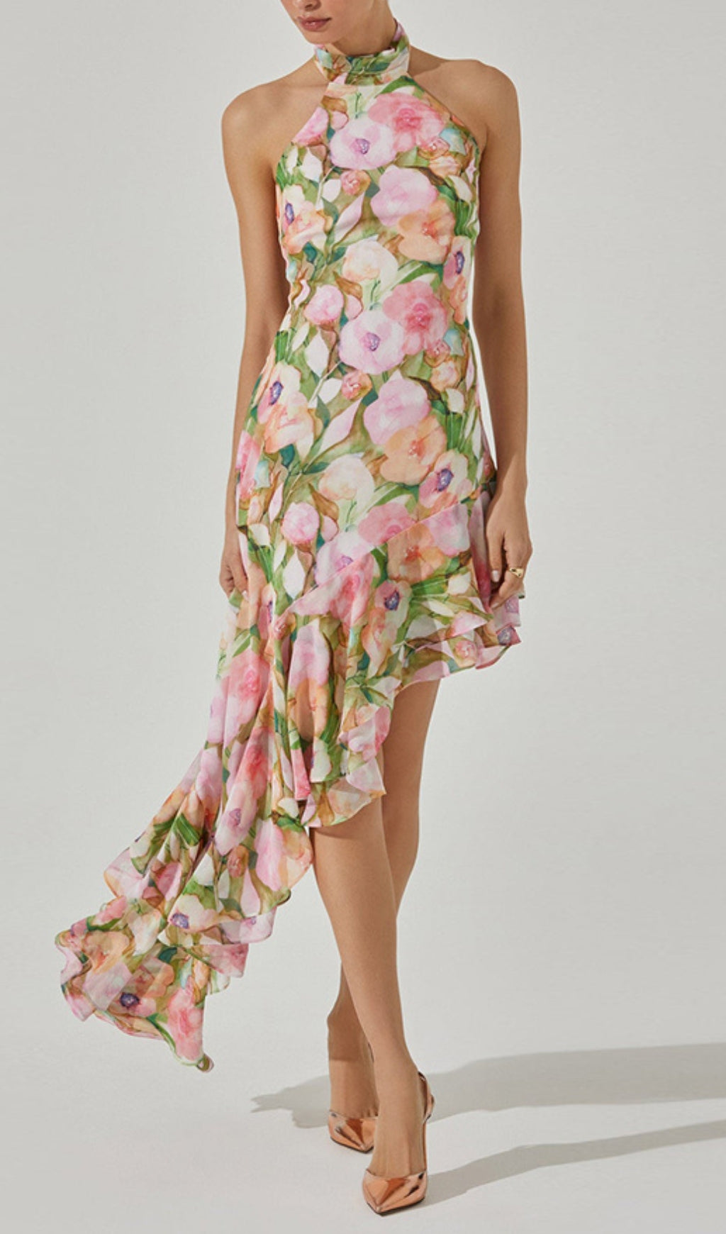 Brinsley Halter Floral Ruffle Maxi Dress