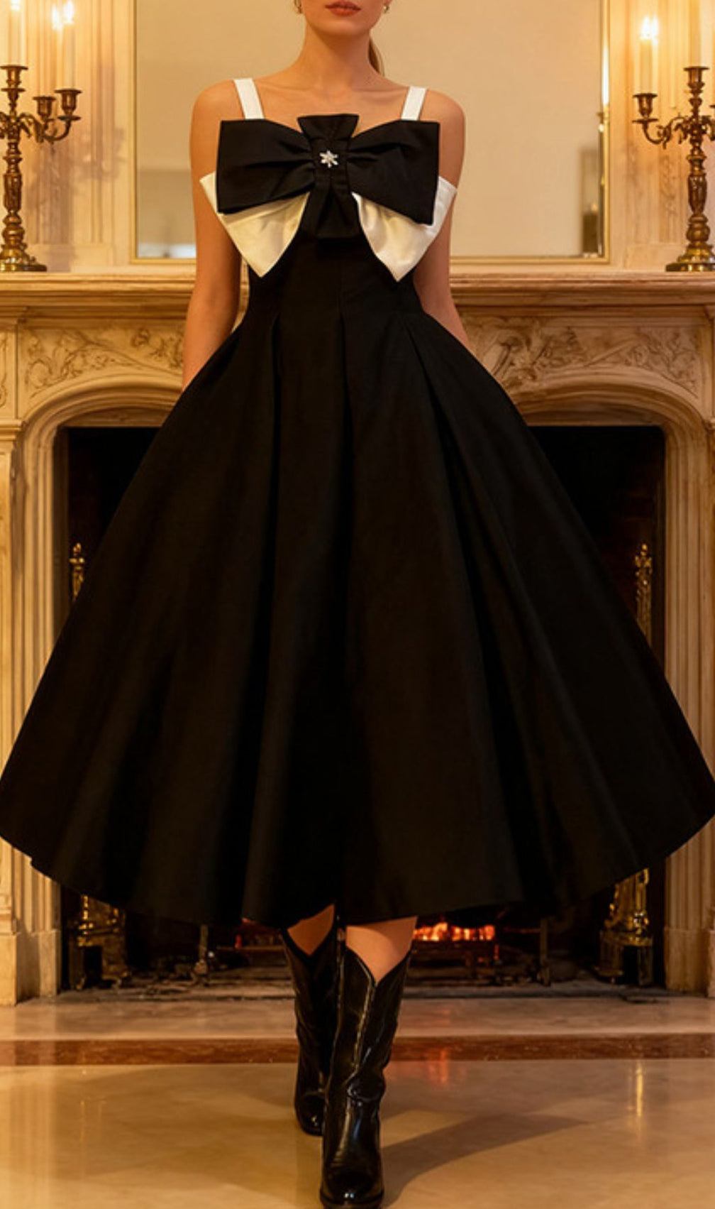 Isleen Elegant Strappy Bow Midi Dress - Chic Black Formal Wear