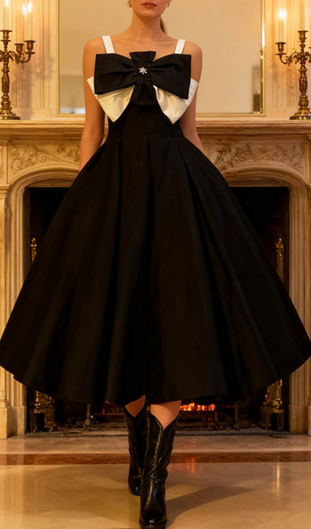 Isleen Elegant Strappy Bow Midi Dress - Chic Black Formal Wear