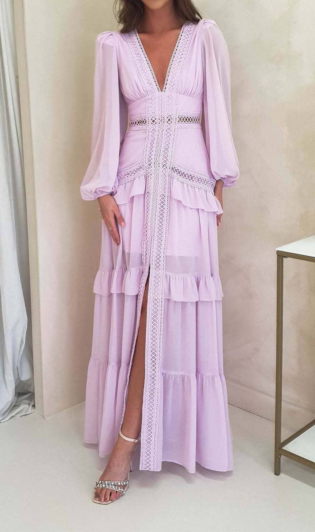 Long Sleeve Ruffle Maxi Dress In Lilac
