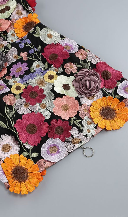 Laasya Black Strapless Flower Embroidery Mini Dress