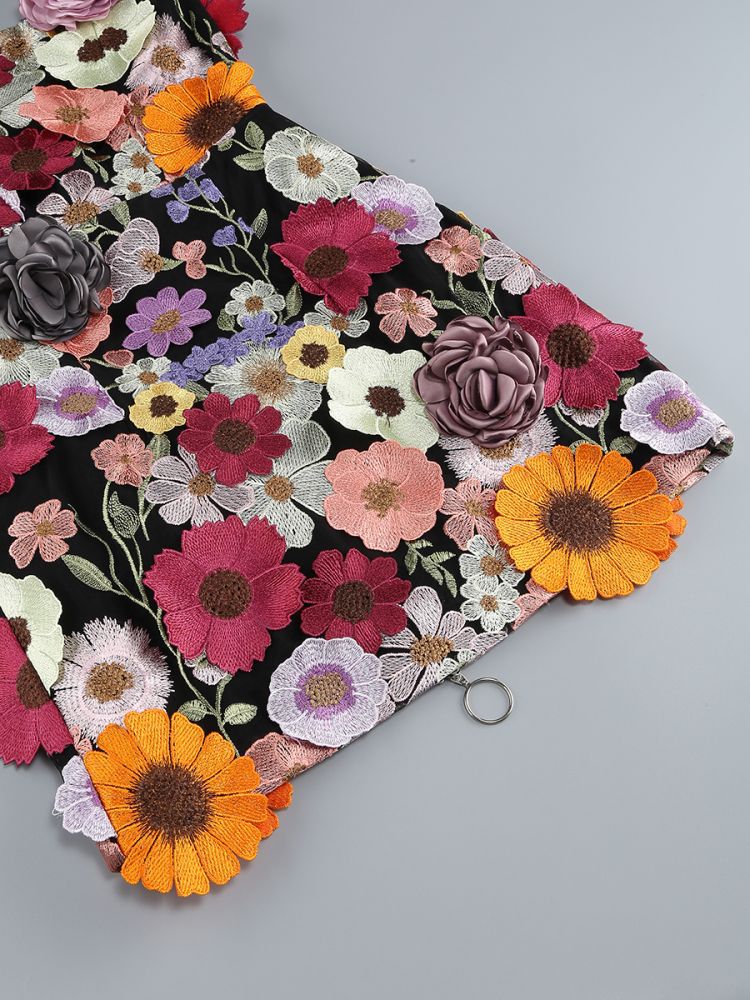 Laasya Black Strapless Flower Embroidery Mini Dress