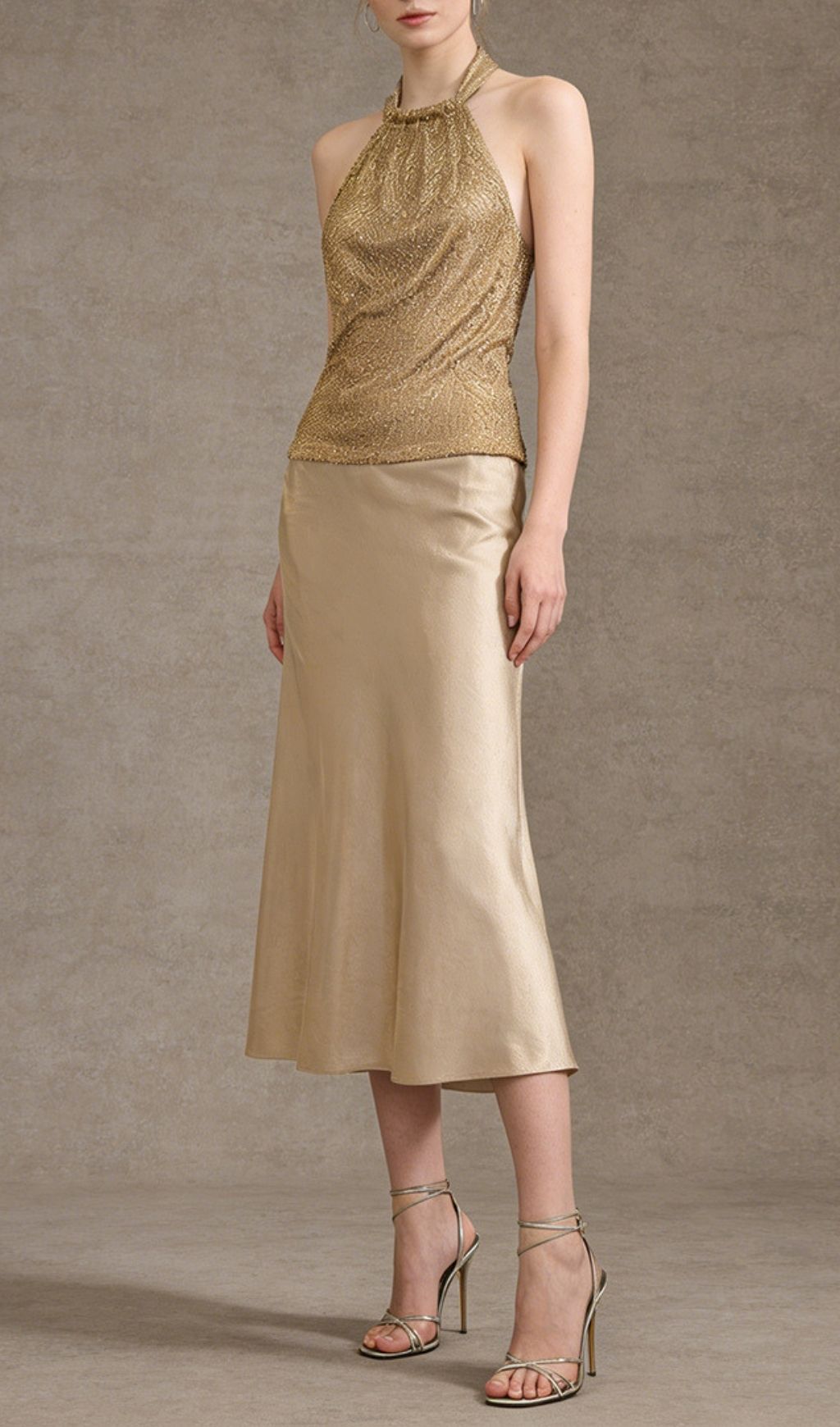 Keturah Gold Halter Backless Midi Dress