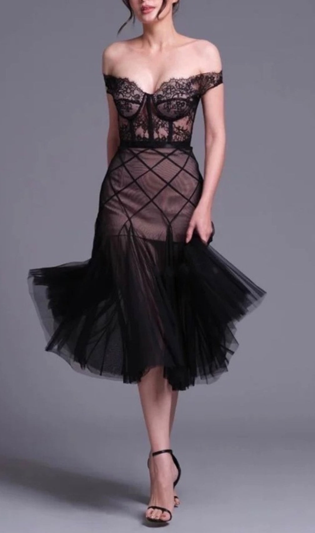 Devi Black Lace Top & Mesh Skirt Set