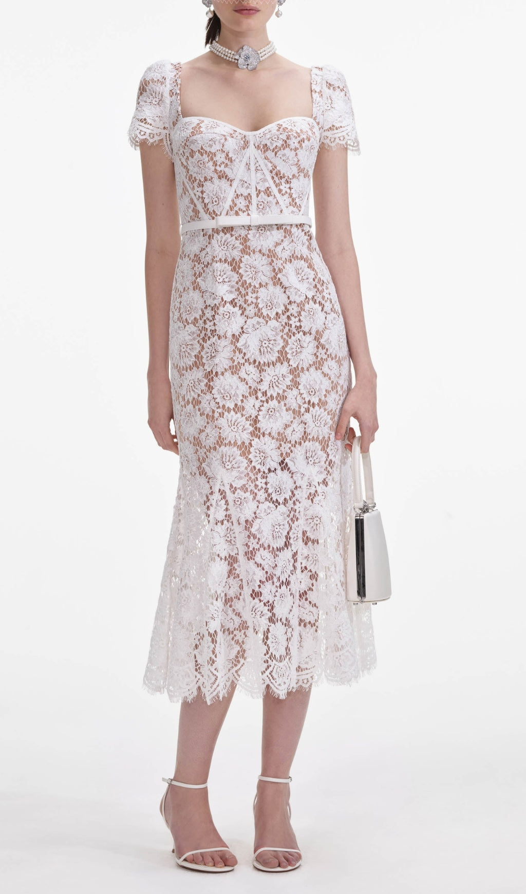 White Fine Lace Midi Dress