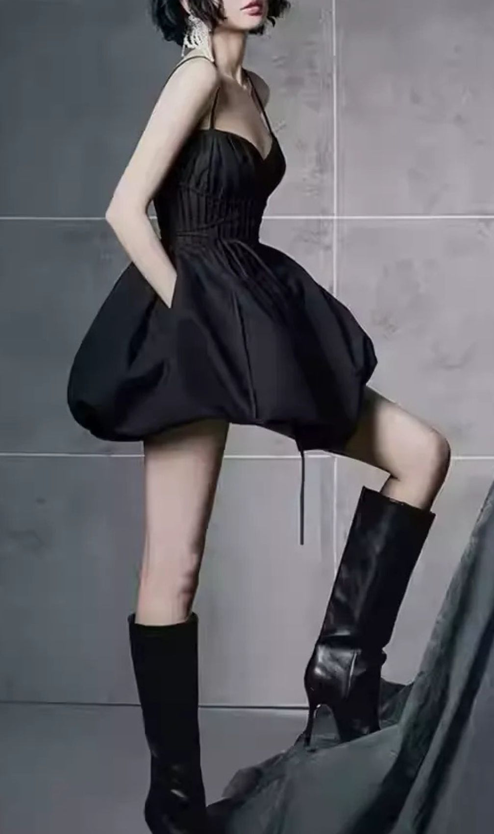Janice Black Strappy Corset Bodice Mini Dress | Pleated Voluminous Skirt