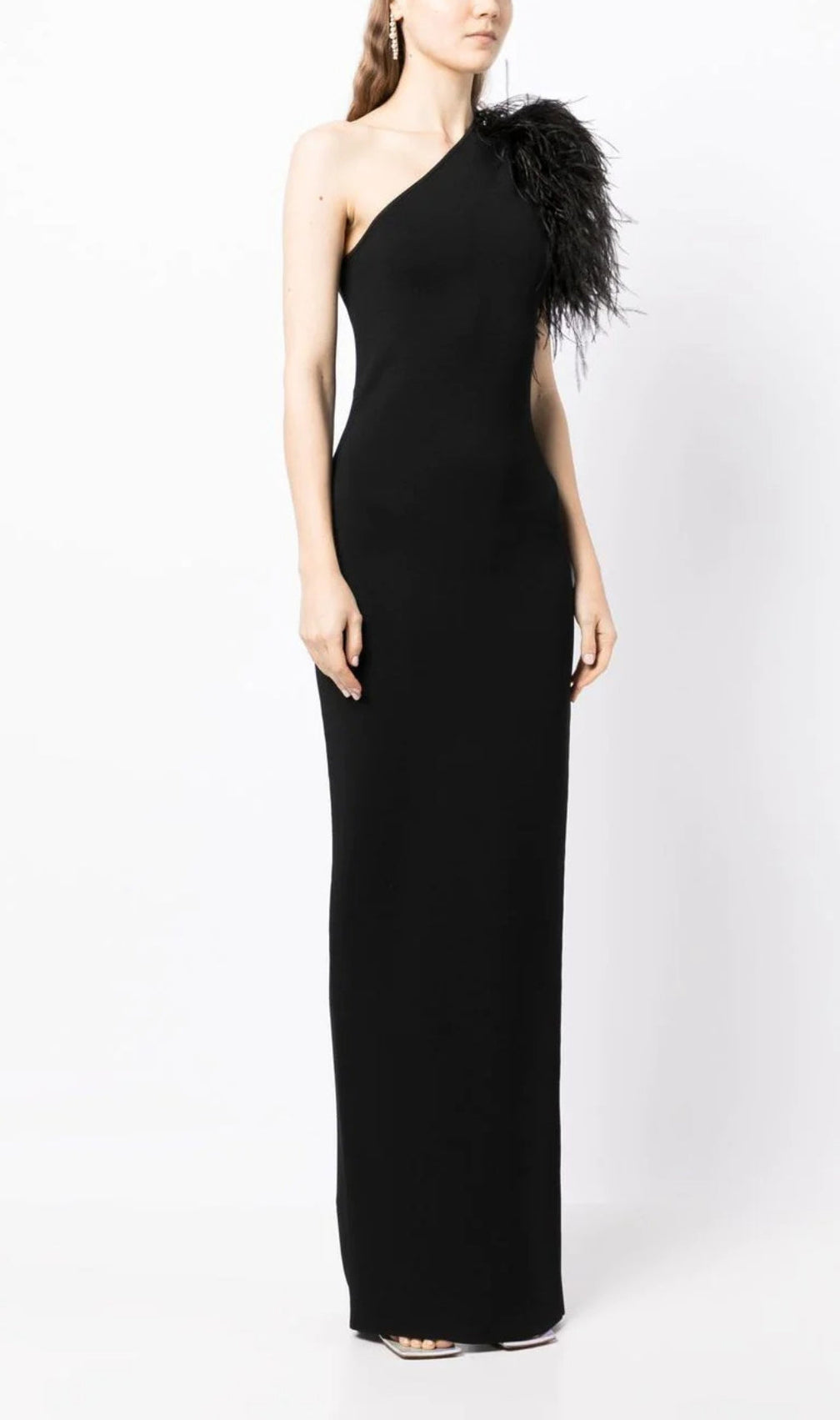 Black One-Shoulder Feather Maxi Dress