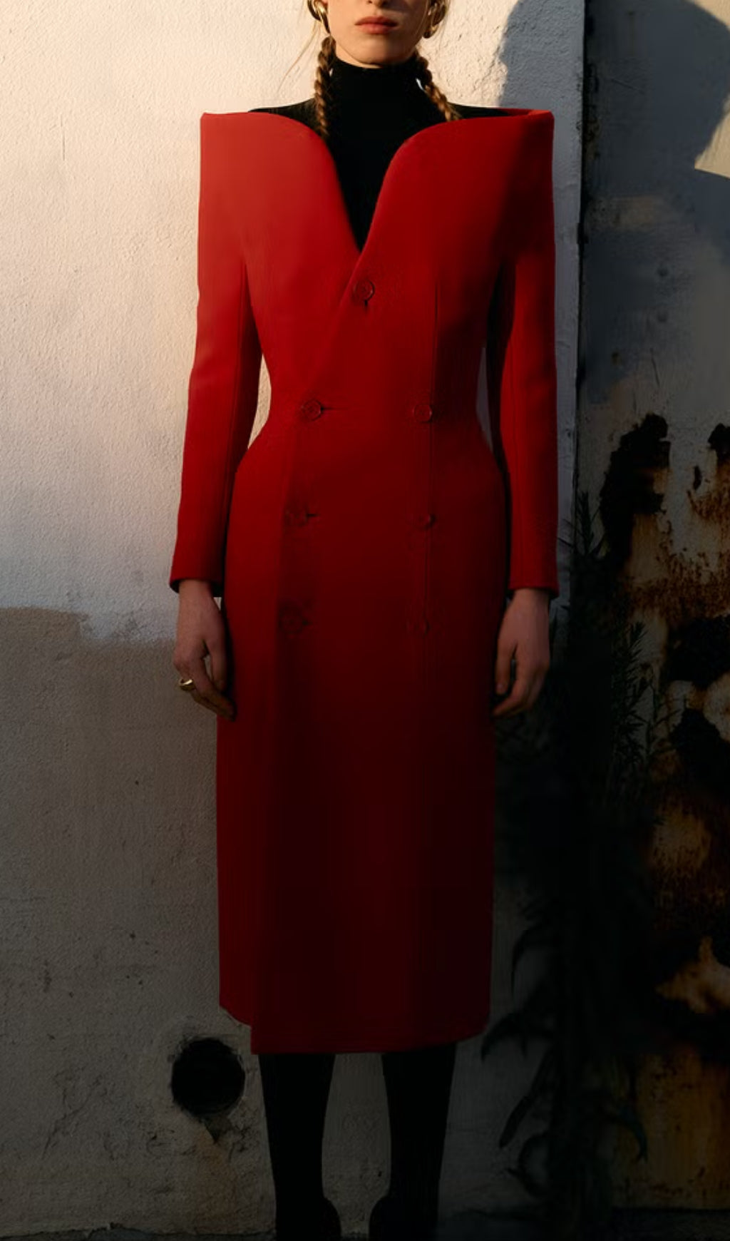 Brittania Red V-Neck Long Sleeve Midi Blazer Dress