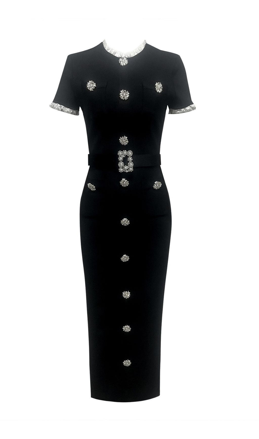 Karolyn Elegant Black Knit Midi Dress | White Lace Trim & Crystal Accents