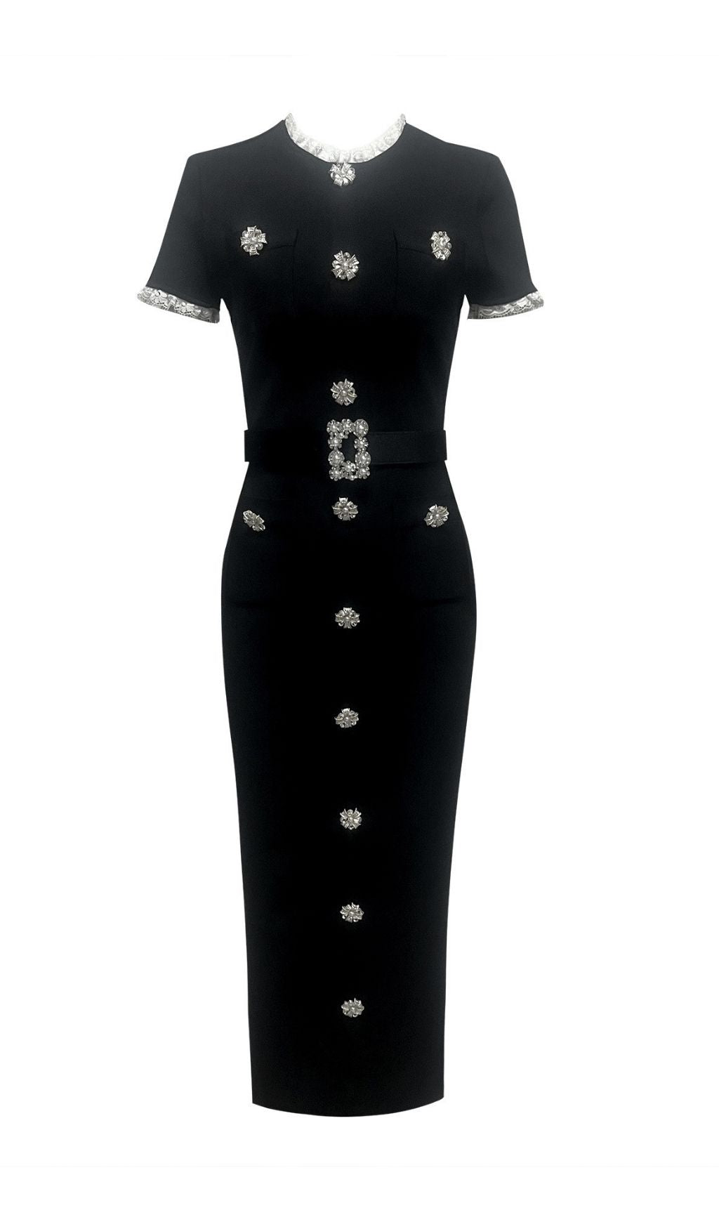 Karolyn Elegant Black Knit Midi Dress | White Lace Trim & Crystal Accents